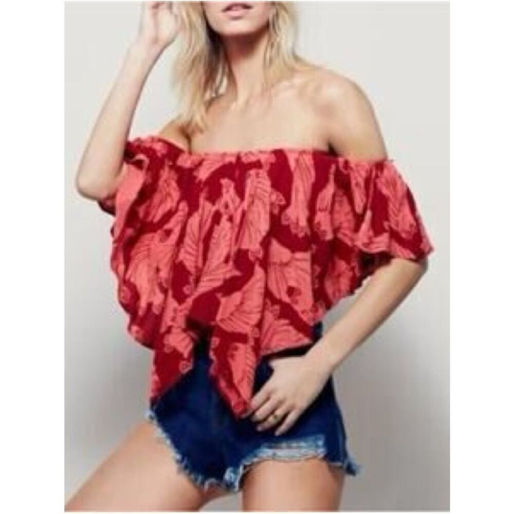 Free People Boho Chic Off-Shoulder Red Floral Print Ruffle Crop Top